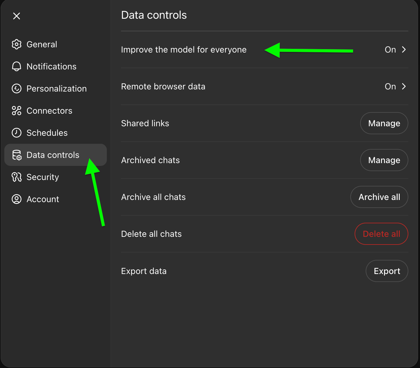 ChatGPT Basics Peronalization Data controls